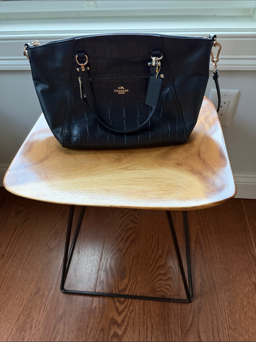 Coach Black Croc-Embossed Leather Shoulder Tote with Gold Hardware